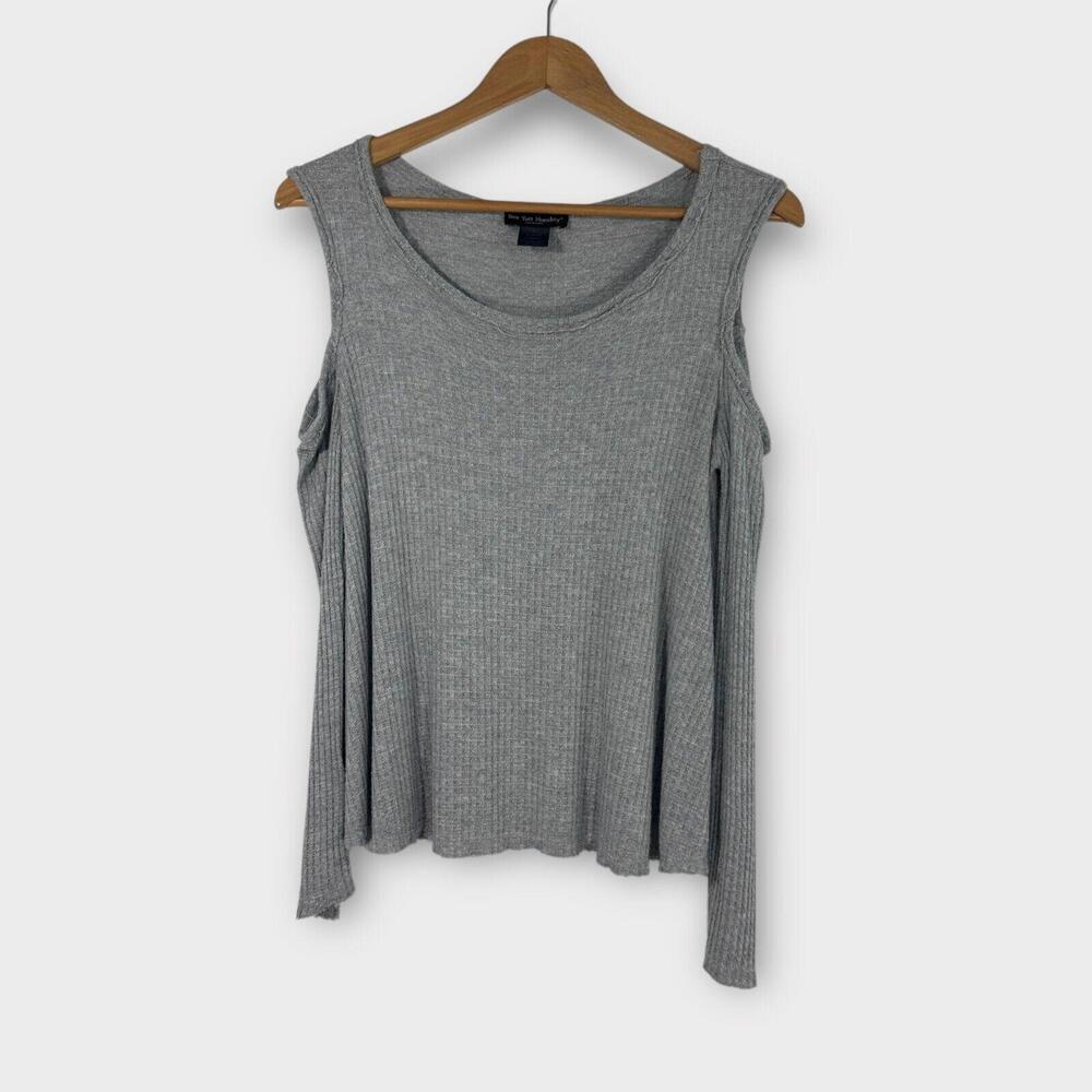 See You Monday Women’s Size Small Gray Waffle Knit Cold Shoulder Frayed Hem Top